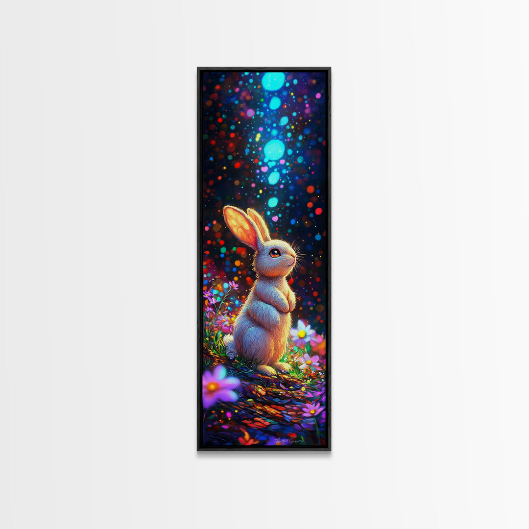 Cute Bunny In Magical Flower Garden Framed Canvas Print, Whimsical Animal Wall Art, Nursery Decor, Kids Room Art Gift, Baby Shower Gift