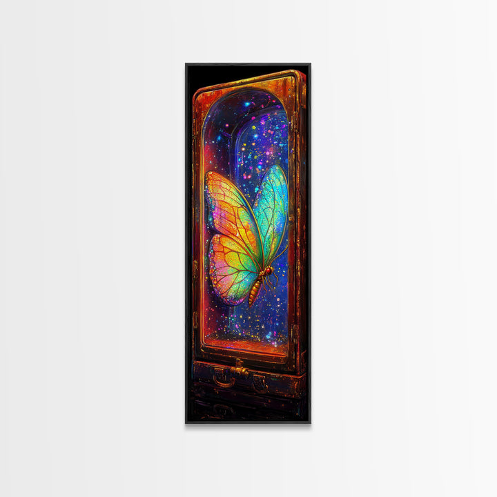 Glowing Rainbow Butterfly In Glass Case Wall Art, Celestial Fantasy Art Print, Whimsical Wall Decor, Unique Gift For Bedroom Decor