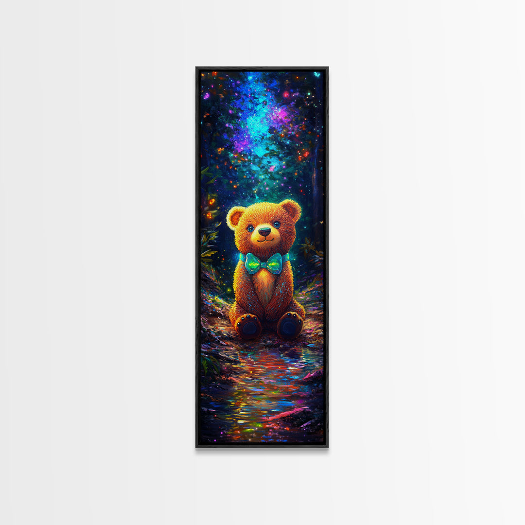 Glowing Teddy Bear In Enchanted Forest Wall Art, Whimsical Nursery Decor, Cute Animal Art Print, Kids Room Decor Gift Idea