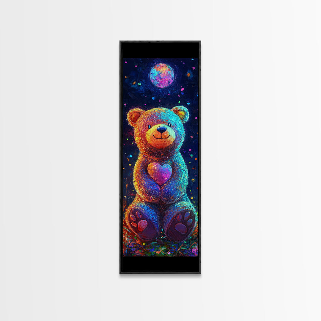 Moonlit Teddy Bear With Heart Framed Canvas Print, Whimsical Wall Art, Nursery Decor, Cute Animal Art, Celestial Room Decor