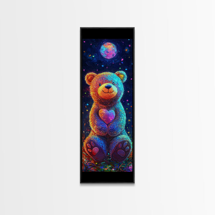 Moonlit Teddy Bear With Heart Framed Canvas Print, Whimsical Wall Art, Nursery Decor, Cute Animal Art, Celestial Room Decor