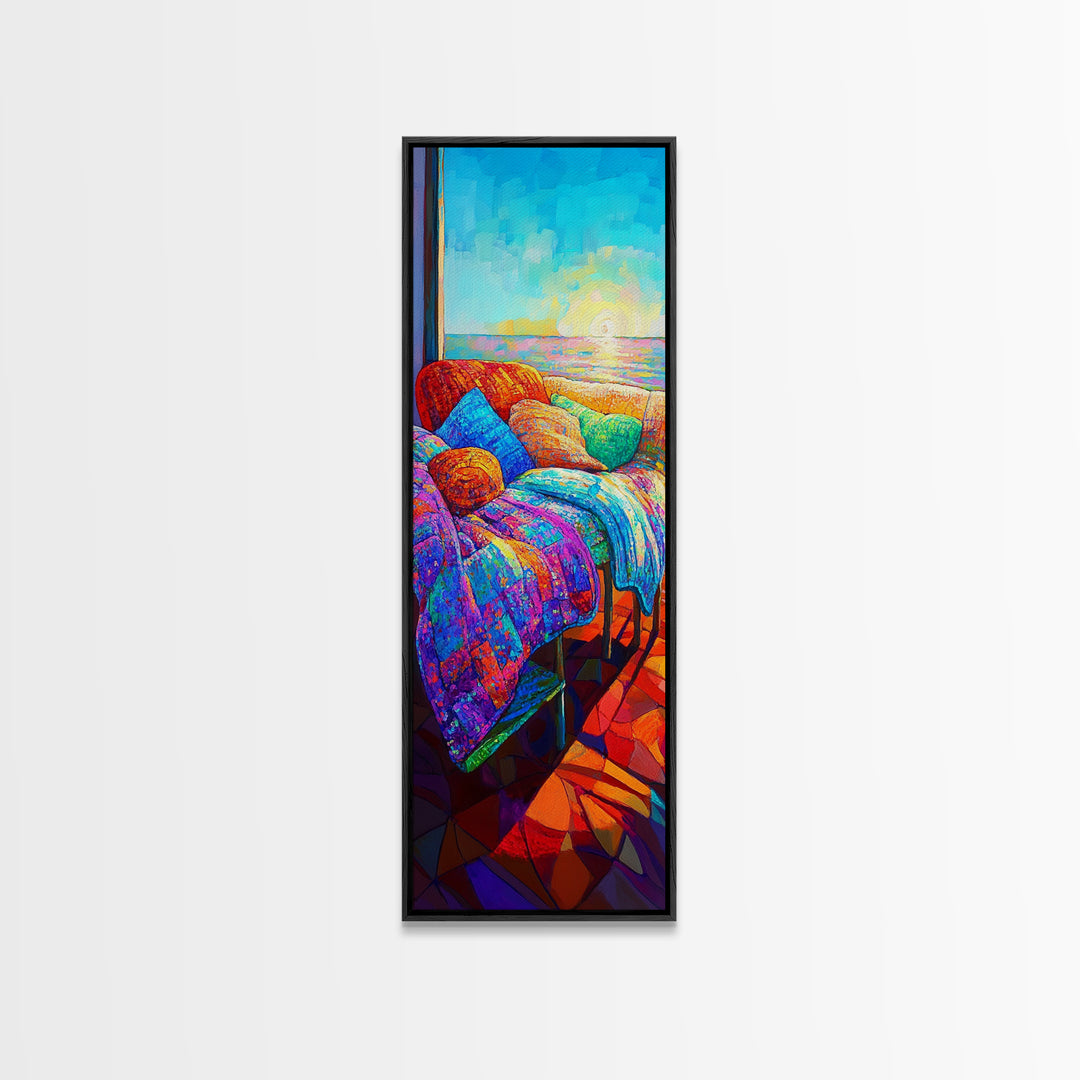 Colorful Seaside Sofa At Sunset Canvas Print, Coastal Wall Art, Boho Living Room Decor, Cozy Bedroom Art, Housewarming Gift