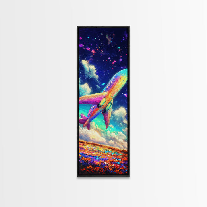 Rainbow Jet Flying Through Starry Clouds Canvas Print, Space Wall Art, Aviation Wall Decor, Kids Room Decor, Gift For Travelers