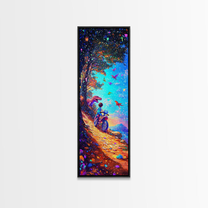 Child Riding Bike Through Dinosaur Forest Canvas Print, Whimsical Wall Art, Fantasy Nursery Decor, Kids Room Art Gift For Children