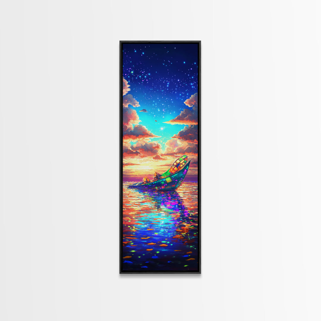 Glowing Rowboat Under Stars Canvas Print, Colorful Ocean Wall Art, Dreamy Seascape Decor, Coastal Gift, Fantasy Landscape