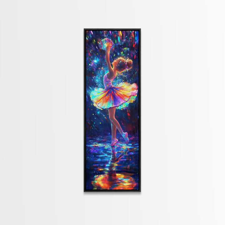 Rainbow Ballerina Dancing Under Lights Framed Canvas Print, Dance Studio Wall Art, Whimsical Girl Room Decor, Gift For Her