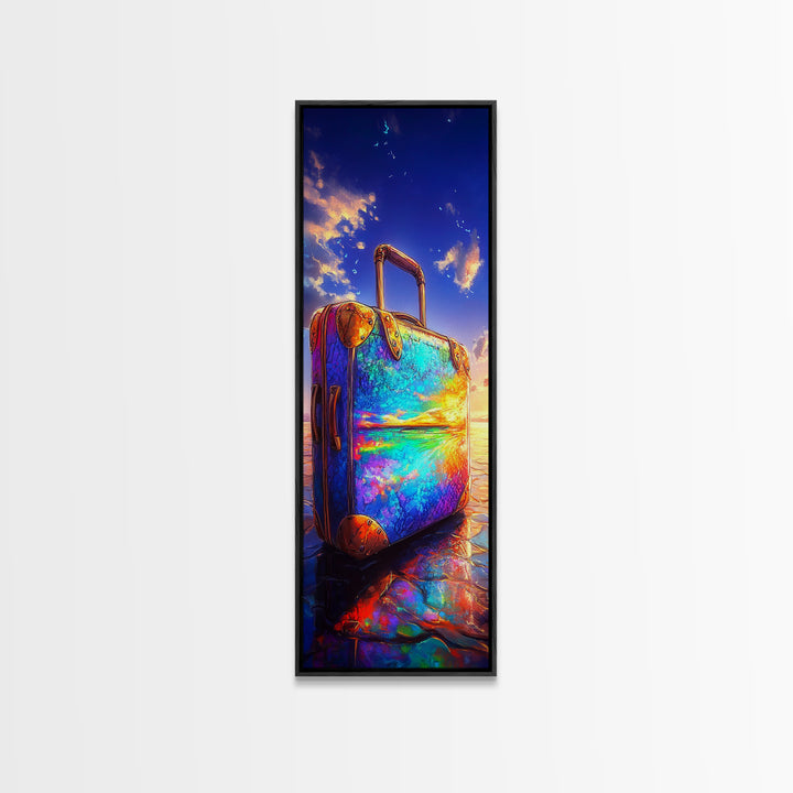 Rainbow Suitcase Reflecting Ocean Sunset Framed Canvas Print, Vibrant Travel Poster, Coastal Wall Decor For Wanderlust Gift
