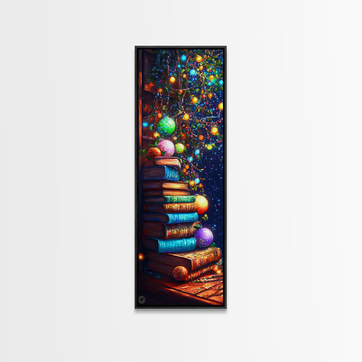 Stacked Books Christmas Tree Wall Art, Cozy Library Canvas Print, Bookish Decor, Holiday Home Decor, Housewarming Gift, Christmas Gift