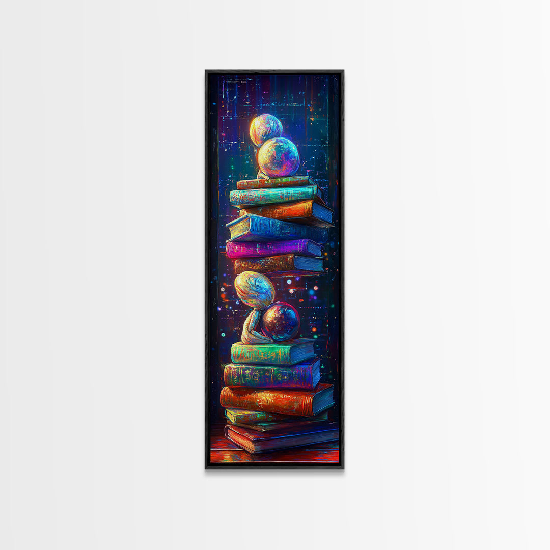 Floating Planets Over Stacked Books Wall Art, Celestial Library Decor, Book Lover Gift, Colorful Fantasy Reading Nook Print