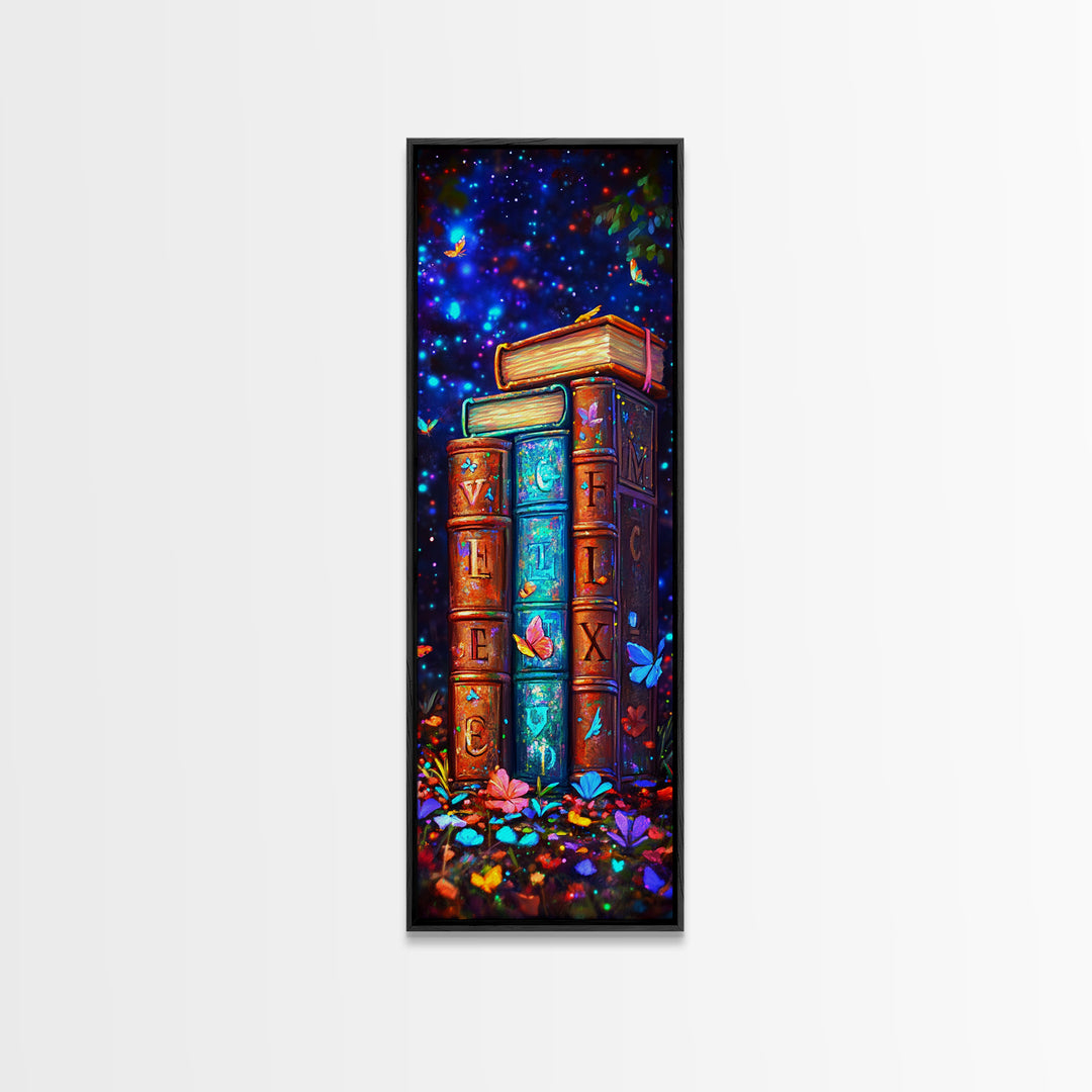 Magical Alphabet Books With Butterflies Canvas Print, Celestial Library Wall Decor, Colorful Book Lover Gift, Fantasy Art