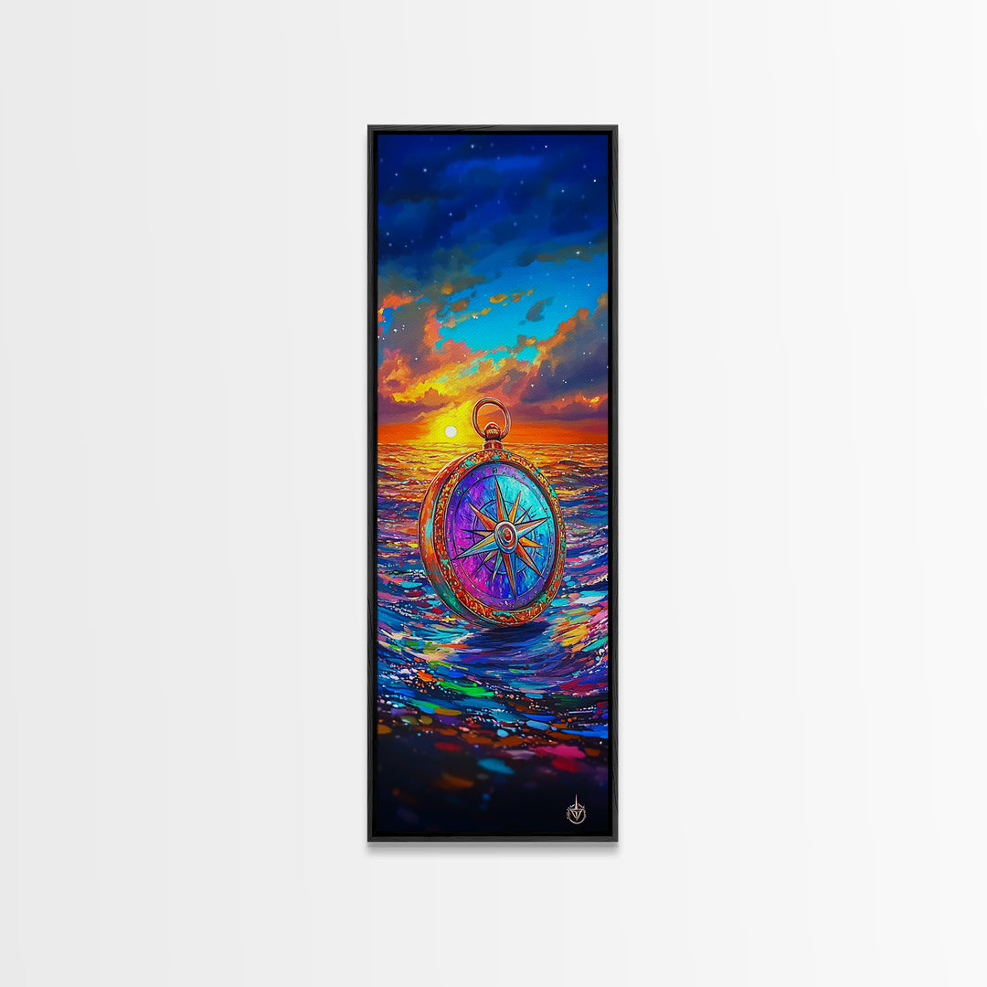 Vibrant Compass On Sunset Ocean Wall Art, Nautical Coastal Decor, Travel Poster, Seascape Art Print, Beach House Living Room Decor