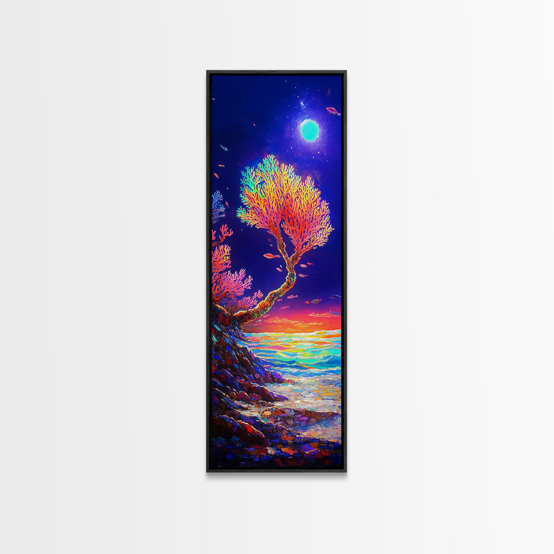 Moonlit Coral Tree By Ocean Canvas Print, Coastal Wall Art, Celestial Decor, Tropical Seascape, Beach House Living Room Decor