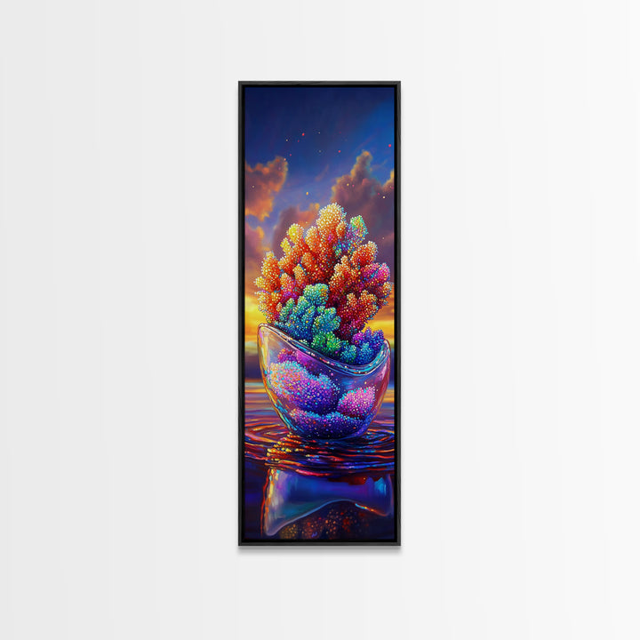 Rainbow Coral In Glass Bowl Framed Canvas Print, Marine Life Wall Art, Coastal Home Decor, Ocean Nursery Art, Sea Life Gift