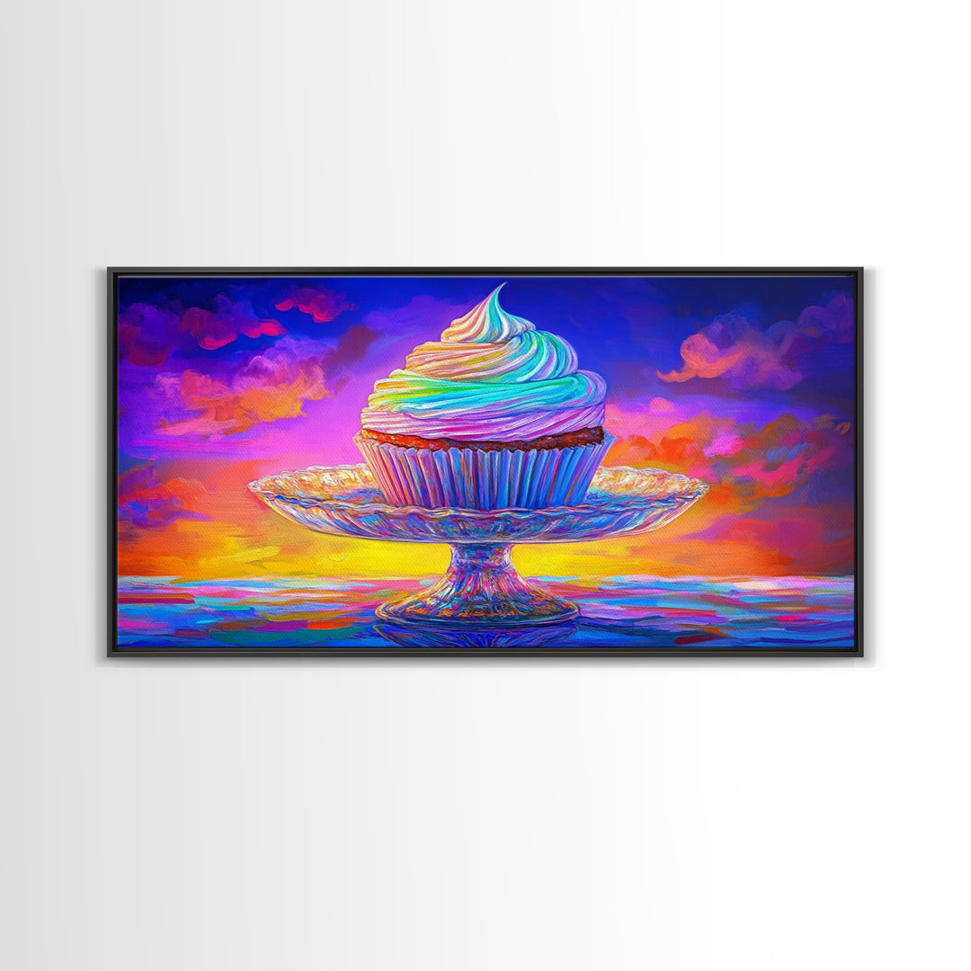 Rainbow Cupcake On Glass Stand Canvas Print, Whimsical Bakery Wall Art, Dessert Art, Kitchen Decor, Birthday Gift For Her