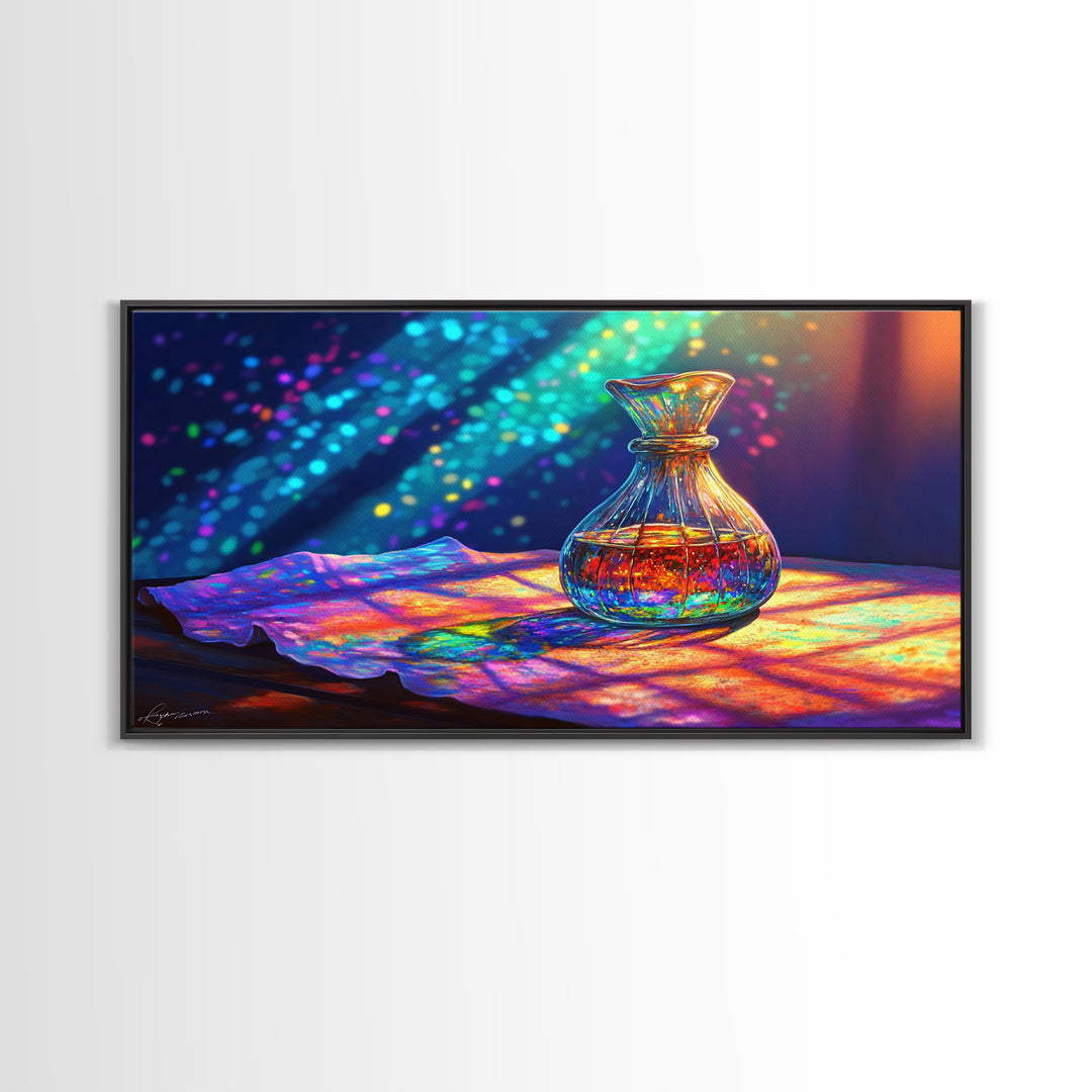 Amber Glass Perfume Bottle Wall Art, Rainbow Light Still Life Canvas Print, Elegant Bathroom Decor, Spa Wall Decor, Gift For Her