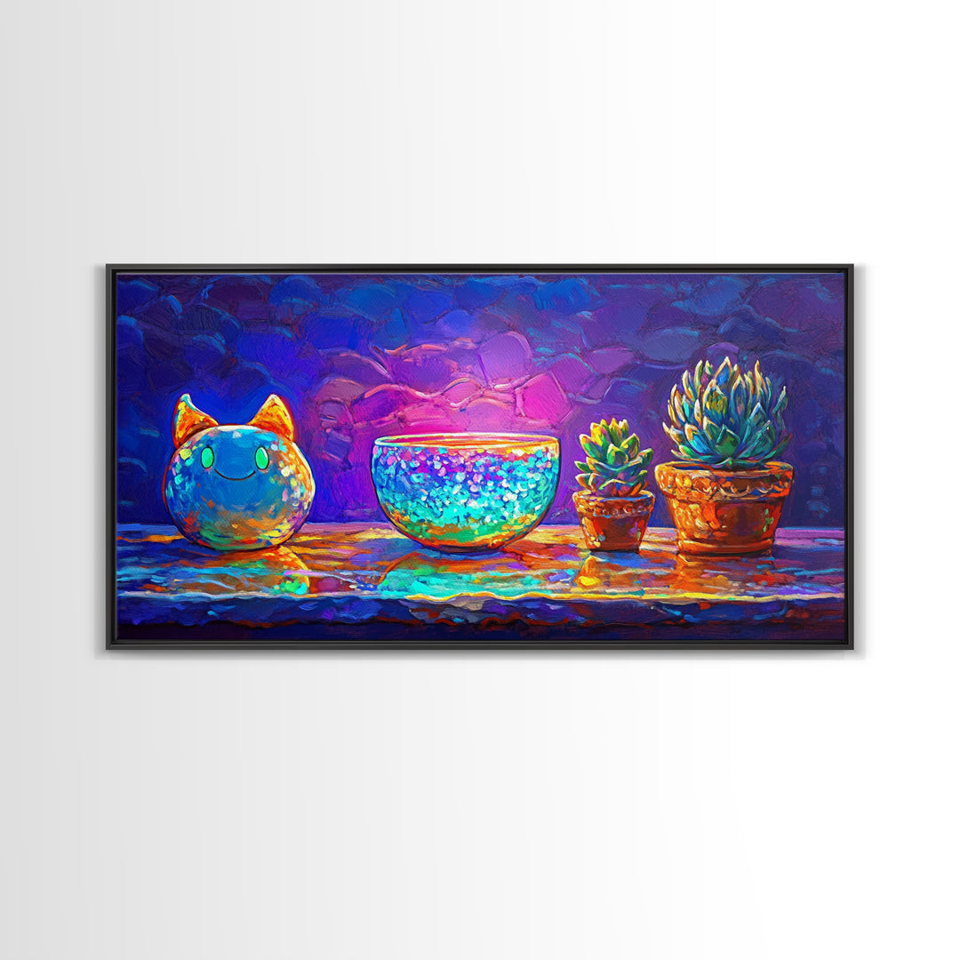Cute Cat Figurine With Succulent Plants Wall Art, Colorful Still Life Canvas Print, Whimsical Home Decor, Plant Lover Gift