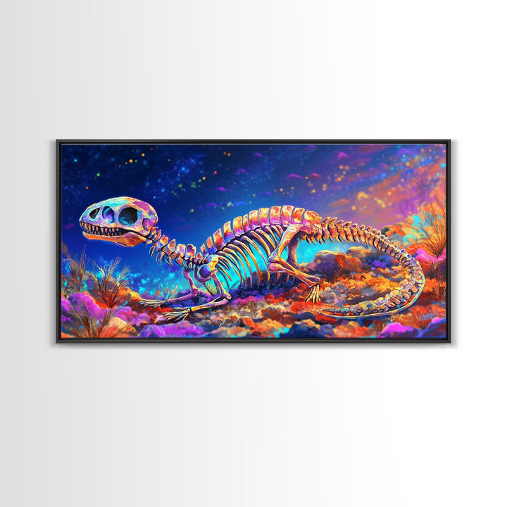 Colorful Dinosaur Skeleton Wall Art, Cosmic Fossil Fantasy Painting, Vibrant Science Decor, Kids Room Canvas Print, Dinosaur Gift