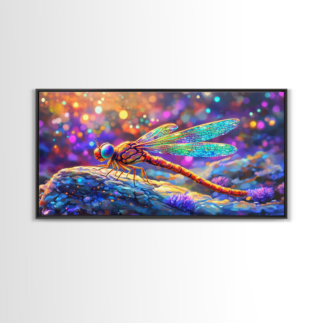 Iridescent Dragonfly On Pebble Wall Art, Colorful Nature Painting, Whimsical Insect Decor, Modern Framed Canvas Print Gift