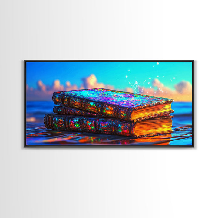 Glowing Iridescent Antique Books Canvas Print, Fantasy Library Wall Art, Book Lover Gift, Magical Reading Nook Home Decor