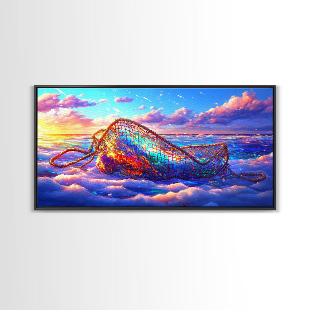 Iridescent Fishing Net On Sunset Beach Wall Art, Coastal Ocean Canvas Print, Nautical Decor, Beach House Living Room Art
