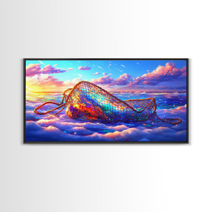Iridescent Fishing Net On Sunset Beach Wall Art, Coastal Ocean Canvas Print, Nautical Decor, Beach House Living Room Art