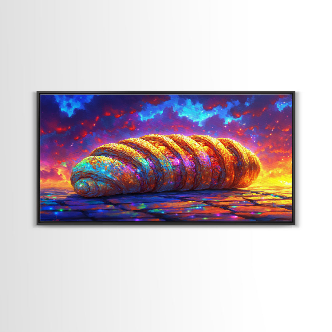 Golden Croissant Pastry At Dramatic Sunset Canvas Print, Bakery Wall Art, French Kitchen Decor, Foodie Gift, Cafe Poster