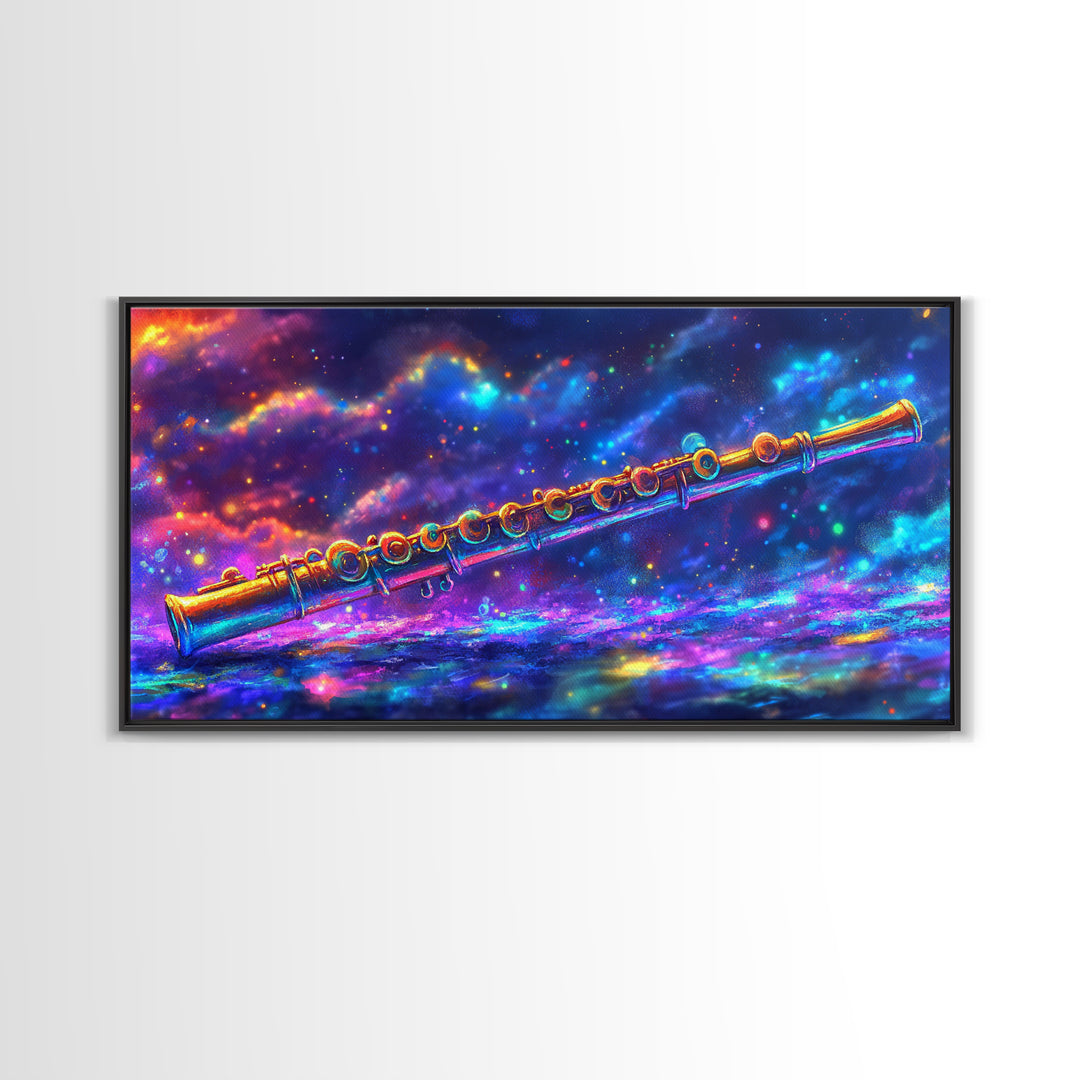 Golden Flute Floating In Cosmic Galaxy Wall Art, Music Studio Canvas Print, Celestial Space Decor, Gift For Music Lover, Home Decor