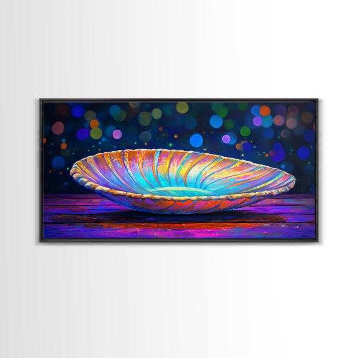 Iridescent Seashell Dish On Wooden Table Canvas Print, Coastal Wall Art, Ocean Decor, Nautical Home Decor, Beach House Gift