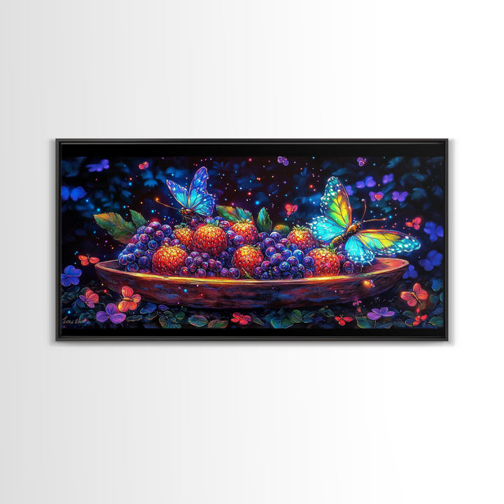Butterflies Over Glowing Berries In Wooden Bowl Canvas Print, Whimsical Wall Art, Botanical Decor, Colorful Nature Gift