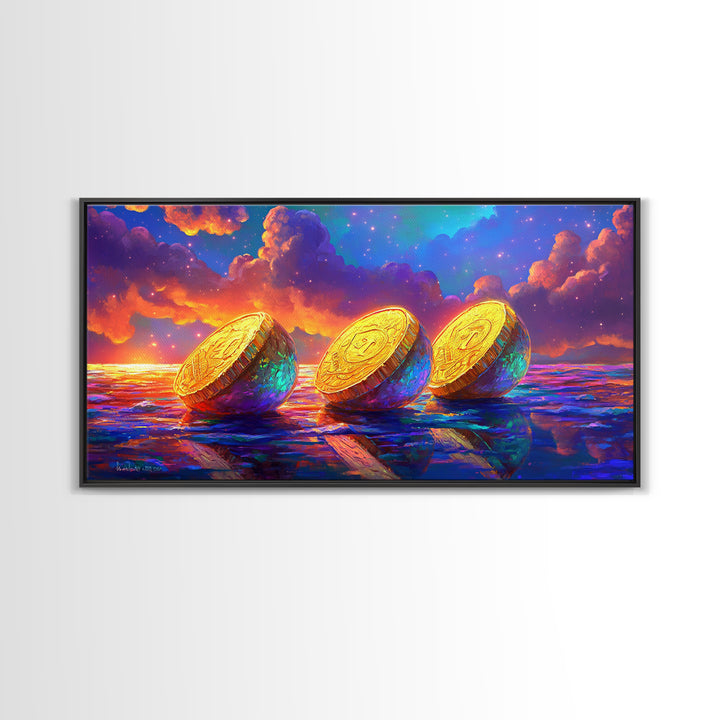 Golden Coins On Reflective Ocean Canvas Print, Abstract Seascape, Coastal Wall Art, Sunset Painting, Statement Artwork, Decor