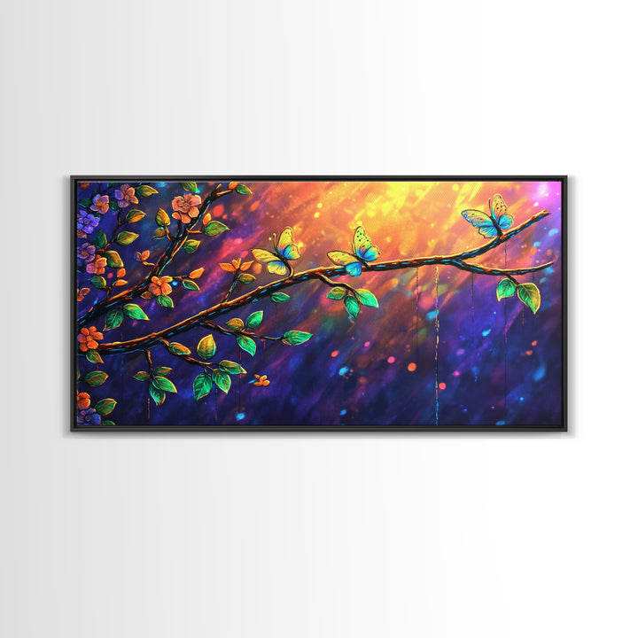 Sunlit Flower Branch With Butterflies Wall Art, Whimsical Nature Art, Botanical Wall Decor, Colorful Bedroom Art Print, Gift