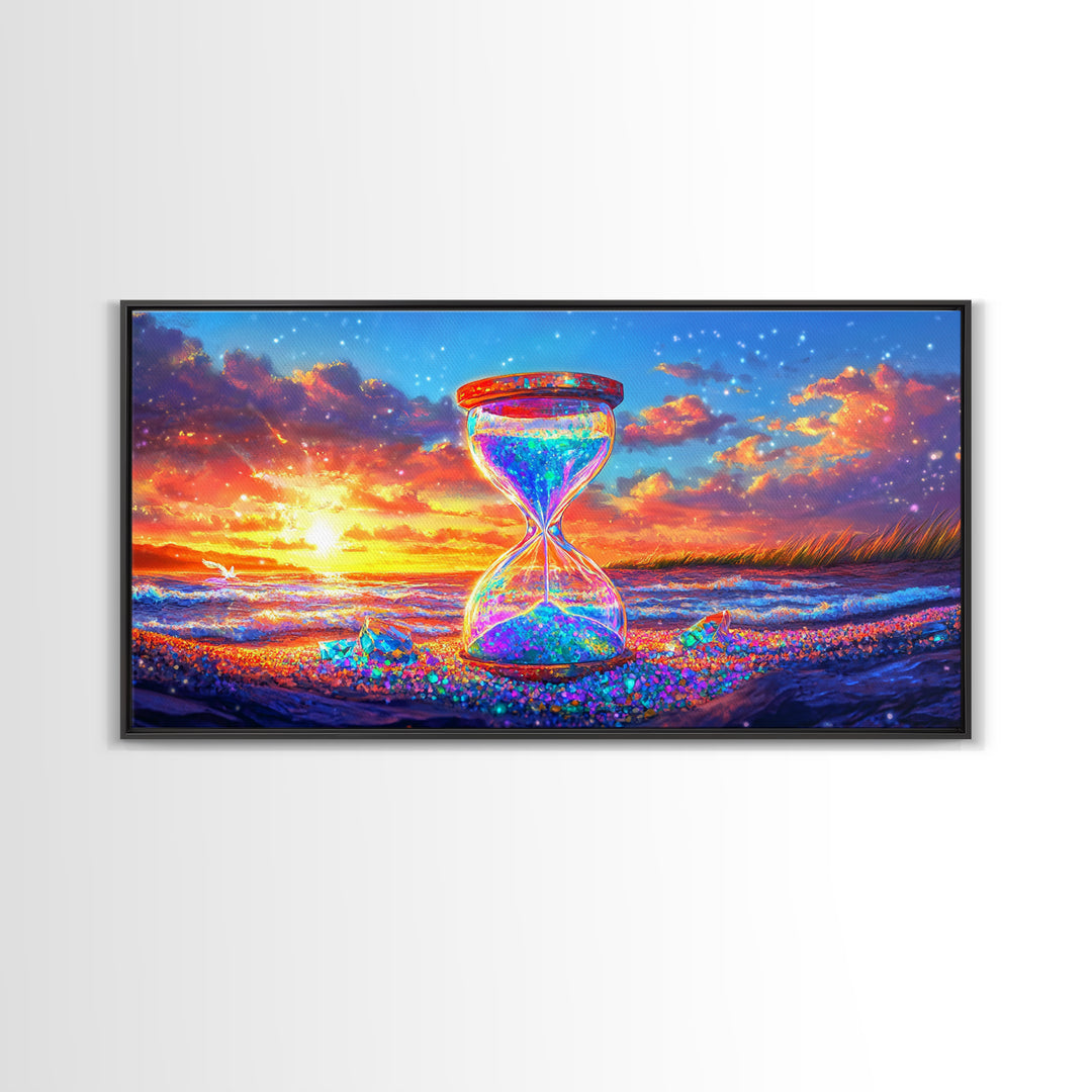 Sparkling Hourglass On Sunset Beach Canvas Print, Coastal Wall Art, Surreal Seascape Decor, Ocean Lover Gift For Her, Living Room Decor