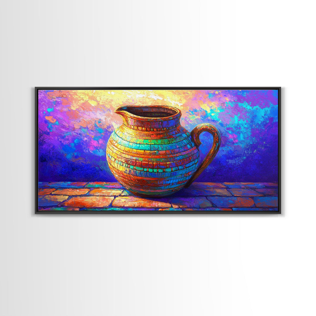 Colorful Mosaic Ceramic Pitcher Still Life Wall Art, Mediterranean Kitchen Decor, Vibrant Canvas Print, Housewarming Gift