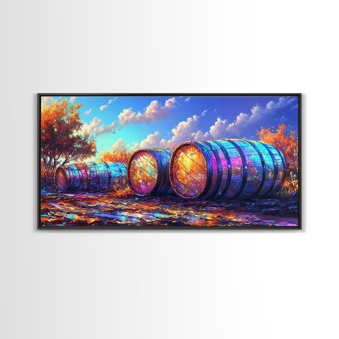 Rainbow Wine Barrels In Autumn Vineyard Wall Art, Rustic Farmhouse Decor, Winery Wall Art, Colorful Landscape, Dining Room Print