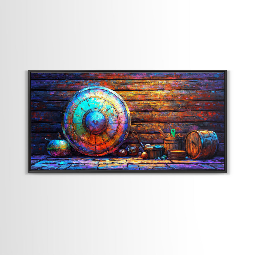 Weathered Viking Shield And Rustic Vessels Framed Canvas Print, Medieval Wall Art, Nordic Decor, Man Cave Art, Fantasy Gift