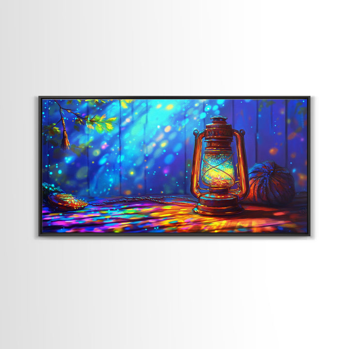 Glowing Camping Lantern In Blue Forest Canvas Print, Rustic Cabin Wall Art, Cozy Wall Decor, Nature Art, Outdoor Decor, Camping Gift