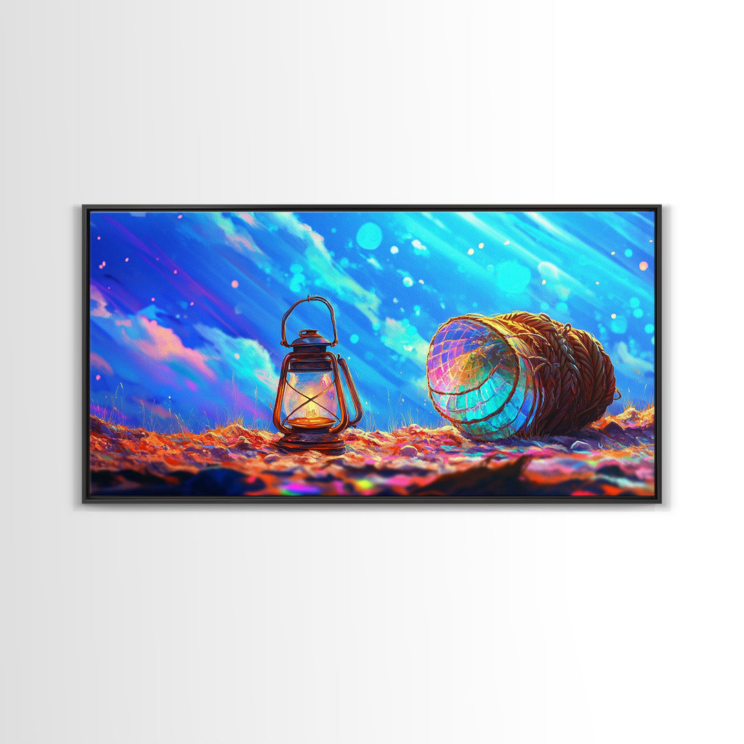 Glowing Lantern And Lobster Trap Canvas Print, Coastal Wall Art, Nautical Beach House Decor, Ocean Gift For Her, Modern Seascape Home Decor