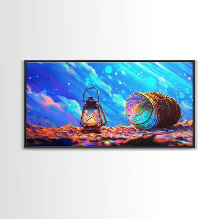 Glowing Lantern And Lobster Trap Canvas Print, Coastal Wall Art, Nautical Beach House Decor, Ocean Gift For Her, Modern Seascape Home Decor