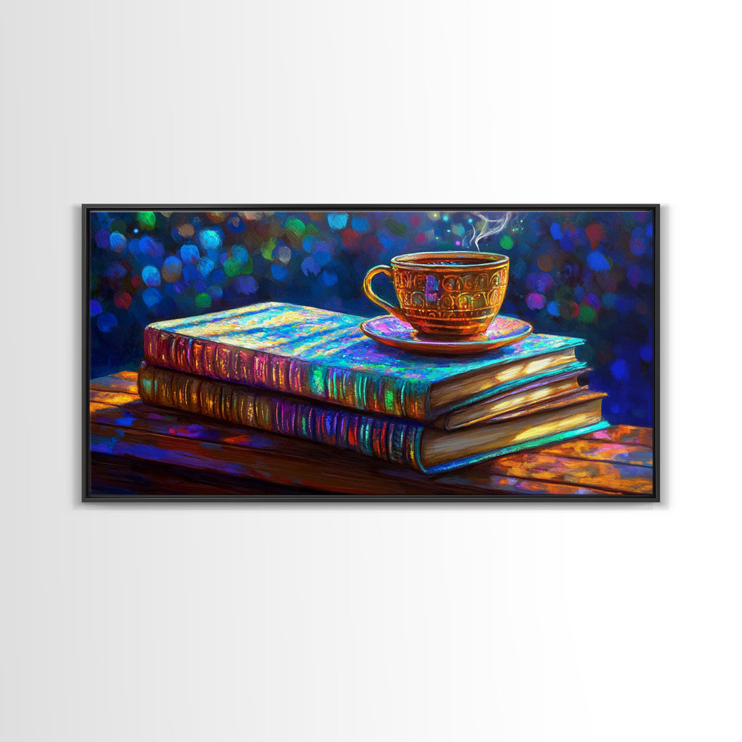 Steaming Teacup On Stacked Books Framed Canvas Print, Cozy Library Wall Art, Book Lover Gift, Coffee Shop Home Decor, Reading Nook Decor
