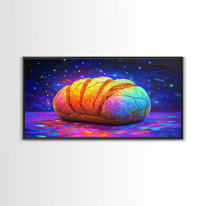 Glowing Croissant Pastry Under Starry Sky Canvas Print, Bakery Wall Art, Kitchen Decor, French Patisserie Gift For Foodie