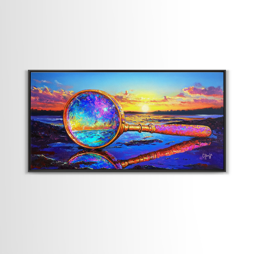 Magnifying Glass At Beach Sunset Wall Art, Coastal Canvas Print, Ocean Decor, Nautical Landscape Art For Study Or Office