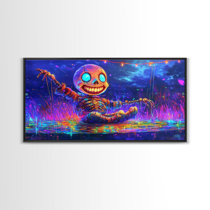 Neon Skeleton Doll In Moonlit Marsh Canvas Print, Halloween Wall Art, Gothic Decor, Whimsical Art, Spooky Kids Room Decor