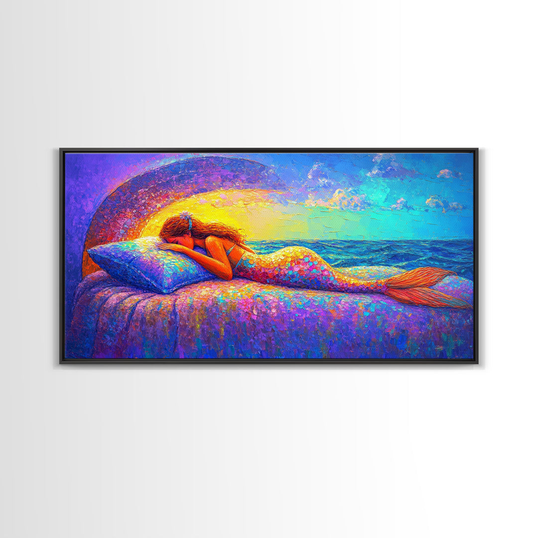 Sleeping Mermaid By Ocean Window Framed Canvas Print, Fantasy Wall Art, Coastal Bedroom Decor, Beach House Decor Gift For Her