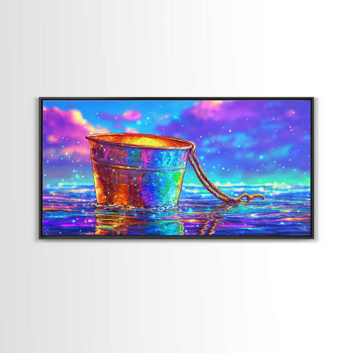 Rainbow Rusty Bucket Floating On Ocean Waves Canvas Print, Colorful Coastal Wall Art, Beach House Decor, Surreal Seascape