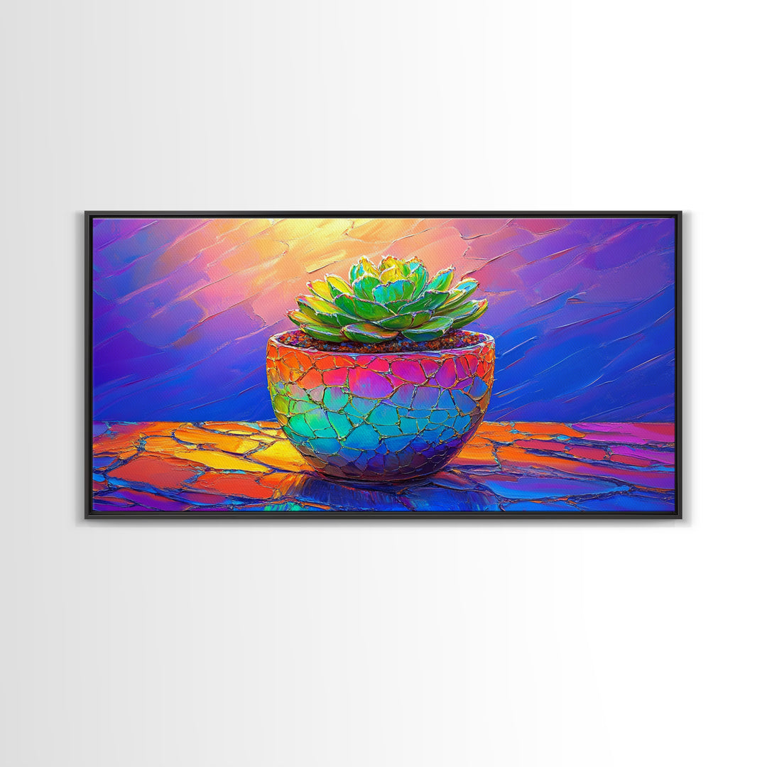 Mosaic Succulent In Rainbow Ceramic Pot Framed Canvas Print, Botanical Wall Art, Colorful Home Decor, Boho Plant Art Gift