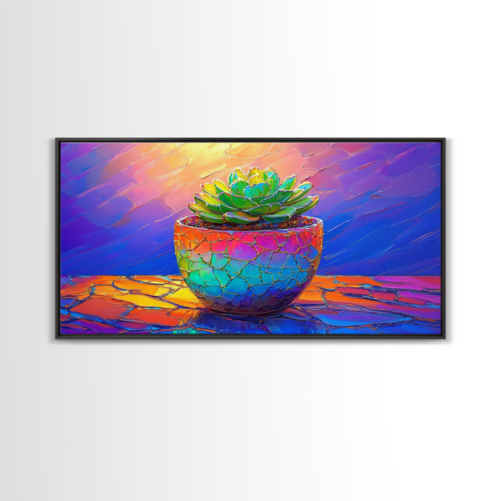 Mosaic Succulent In Rainbow Ceramic Pot Framed Canvas Print, Botanical Wall Art, Colorful Home Decor, Boho Plant Art Gift