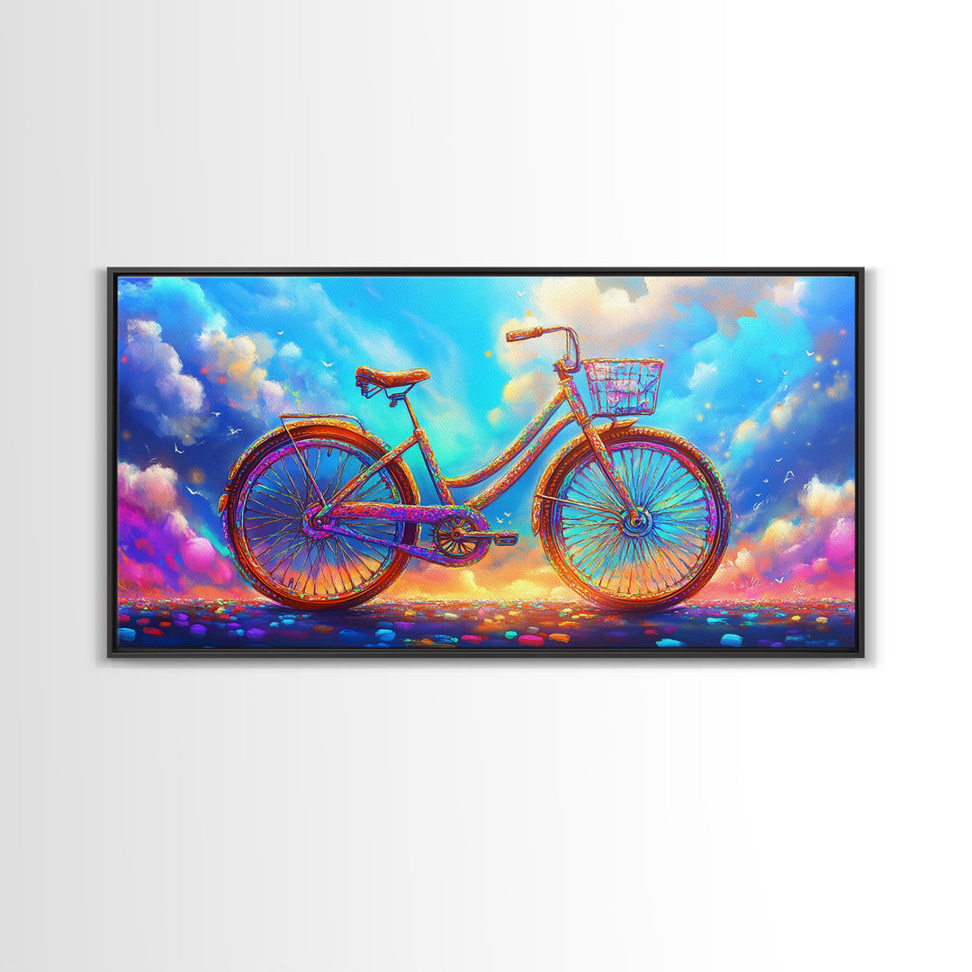 Rainbow Cruiser Bicycle Under Dreamy Clouds Canvas Print, Whimsical Wall Art, Kids Room Decor, Colorful Nursery Art Gift