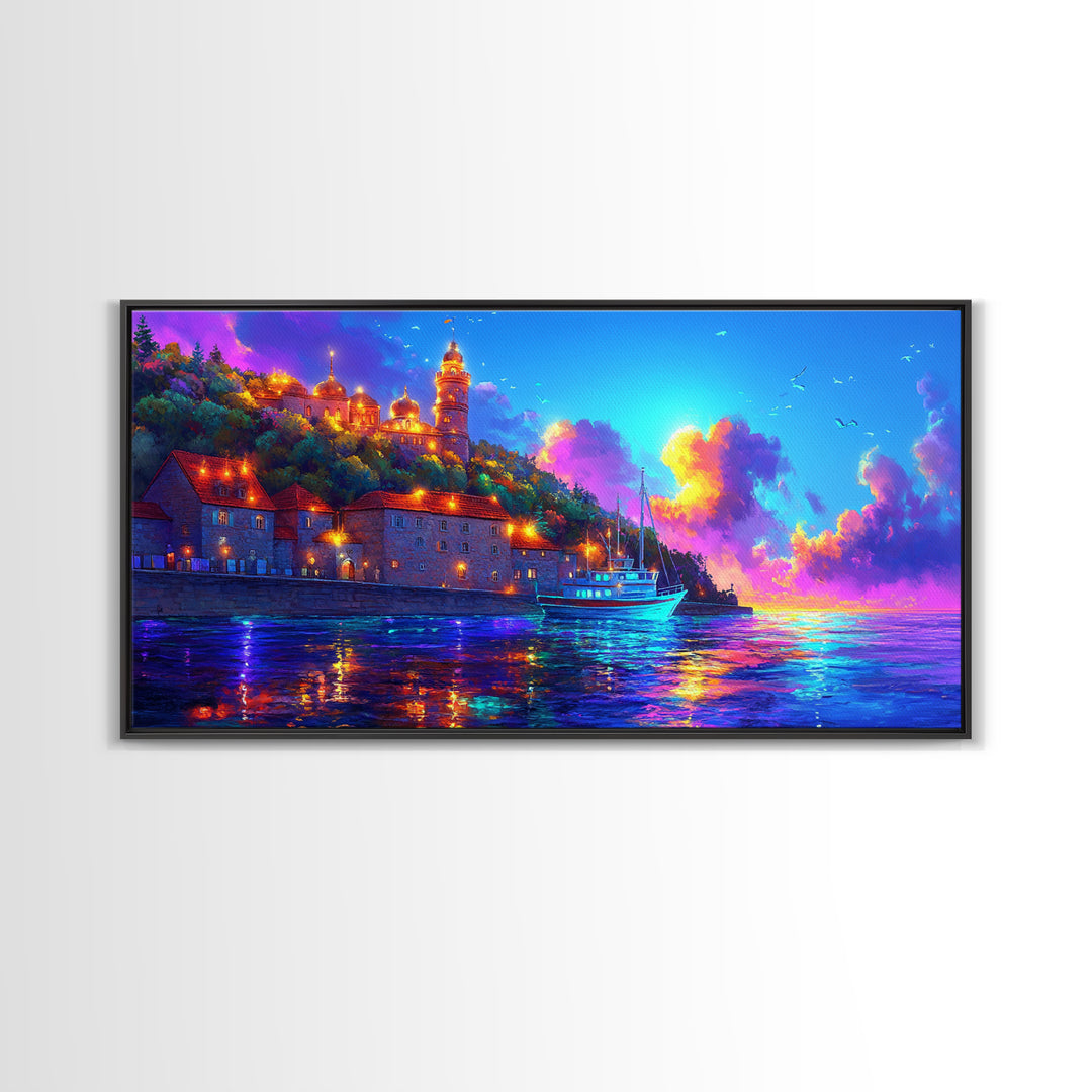 Sunset Harbor Village And Sailboat Canvas Print, Coastal Wall Art, Mediterranean Decor, Travel Poster, Living Room Art Print
