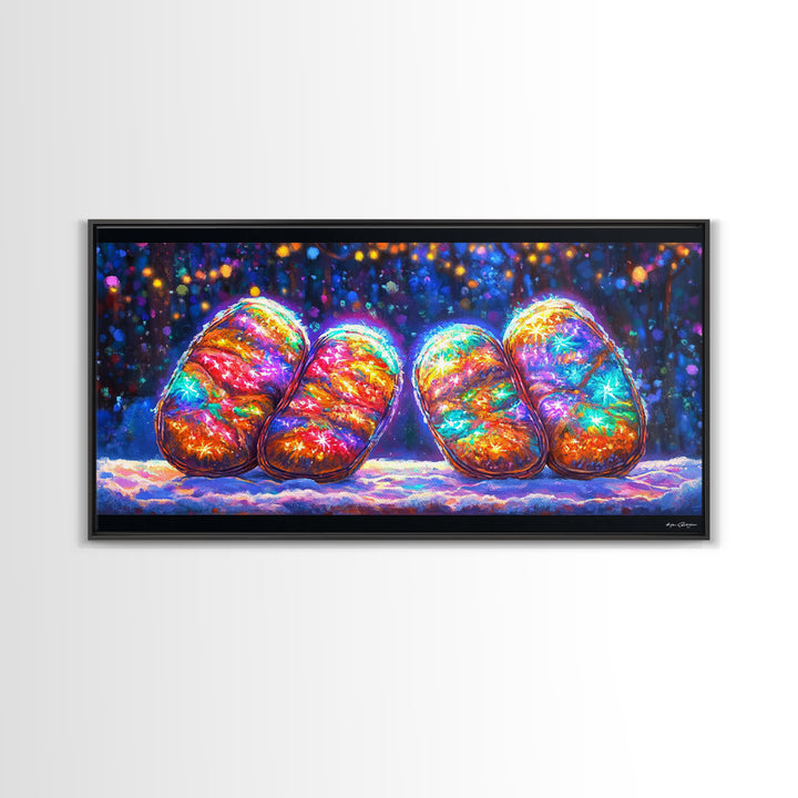 Glowing Rainbow River Stones Under Fairy Lights Canvas Print, Whimsical Wall Art, Dopamine Decor, Colorful Abstract Art Print