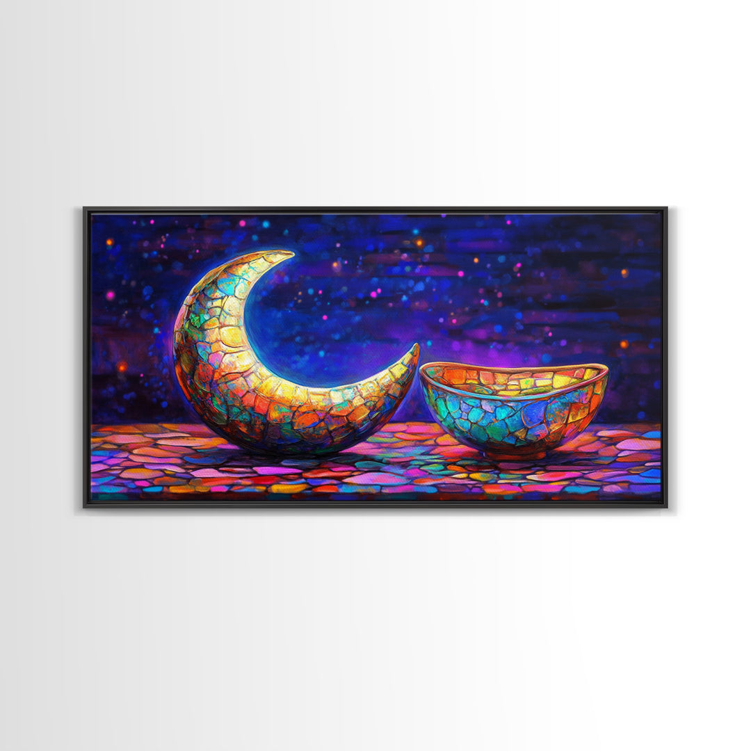 Mosaic Crescent Moon And Bowl Wall Art, Celestial Night Sky Decor, Mystical Boho Canvas, Gift For Her Home Decor, Moon Phase Art